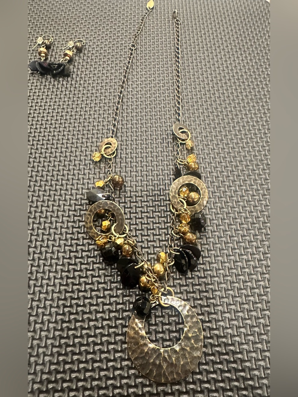 Coldwater Creek Black Bronze Hammered Statement Necklace Earrings Set